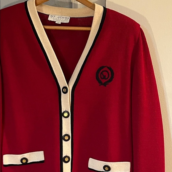 Vintage St. John Women's Red Wool Blend Jacket Blazer Sweater Cream Trim Size L - Picture 4 of 6